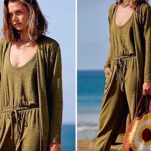 Free People Beach Bicoastal Cardigan in Moss Large with medium jumpsuit